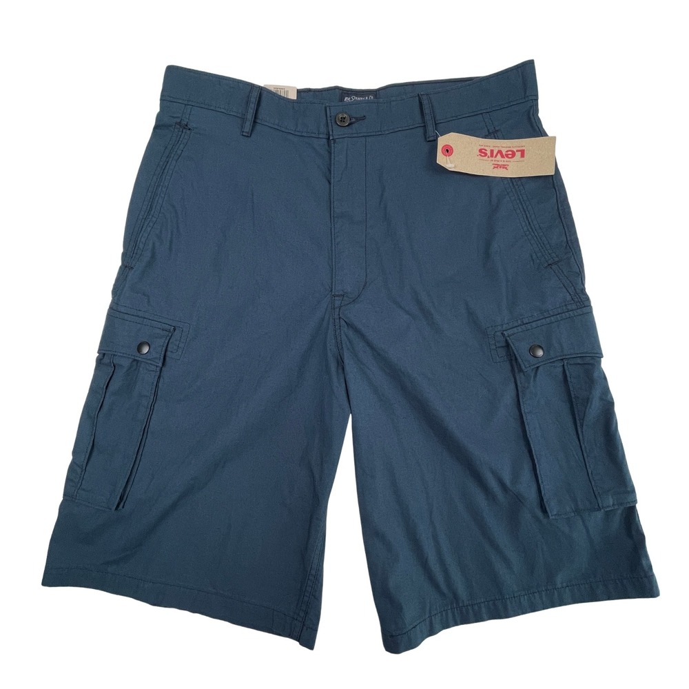 Levis Mens Snap Cargo Shorts 34 Blue Solid Cotton Blend Utility Hiking
